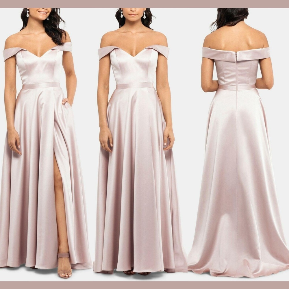 NWT $259 Xscape‎ Off the Shoulder Satin Gown in Beige Pink [SZ 14 ]